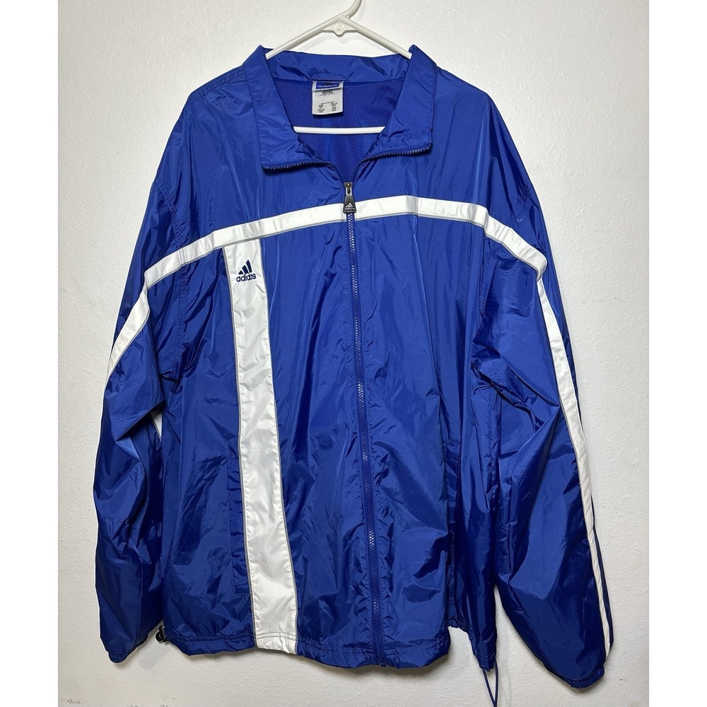 adidas Team Windbreaker Jacket Blue White 2XL Nylon Full-Zip Mesh Lined Men's